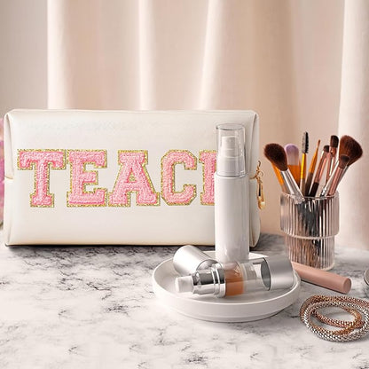 CY2SIDE TEACH Letter Makeup Bag - Pink TEACH Chenille Letter Patch Cosmetic Bag Shell Gold PU Leather Patch Travel Pouch Waterproof Portable Zipper Travel Organizer Case for Teacher Appreciation Gifts