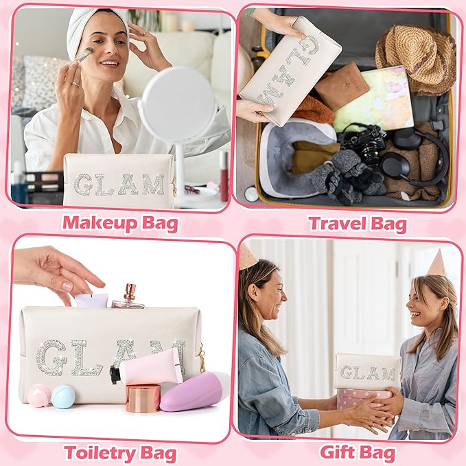 CY2SIDE Glam Letter Makeup Bag - White GLAM Pearl Rhinestone Letter Patch Cosmetic Pouch Shell Gold PU Leather Patch Big Bag Waterproof Portable Zipper Travel Organizer for Wedding Bride Birthday Gift