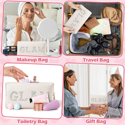 CY2SIDE Glam Letter Makeup Bag - White GLAM Pearl Rhinestone Letter Patch Cosmetic Pouch Shell Gold PU Leather Patch Big Bag Waterproof Portable Zipper Travel Organizer for Wedding Bride Birthday Gift