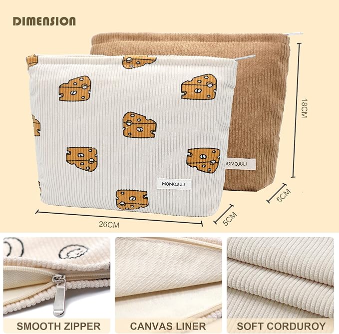 Corduroy Makeup Bag Cosmestic Bag Large Capacity Ladies Women Aesthetic Make Up Organizer Accessories Zipper Pouch Purse （Khaki+Beige Cheese）