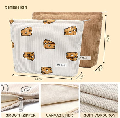 Corduroy Makeup Bag Cosmestic Bag Large Capacity Ladies Women Aesthetic Make Up Organizer Accessories Zipper Pouch Purse （Khaki+Beige Cheese）
