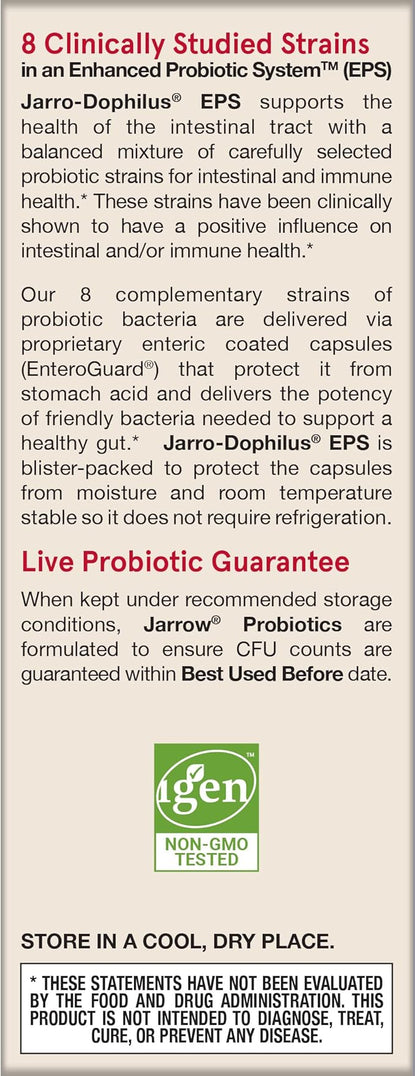 Jarrow Formulas Jarro-Dophilus EPS Probiotics 10 Billion CFU for Intestinal Tract Support, Probiotic Supplement for Gut Health for Women and Men, 60 Veggie Capsules, Up to a 30 Day Supply