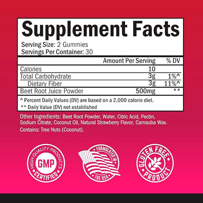 Sugar Free Beet Root Gummies - Nitric Oxide Beet Chews Infused with Coconut Oil for Highest Absorption - Supports Energy & Whole Body Health - Delicious Strawberry Flavor - 60 Count (30 Day Supply)