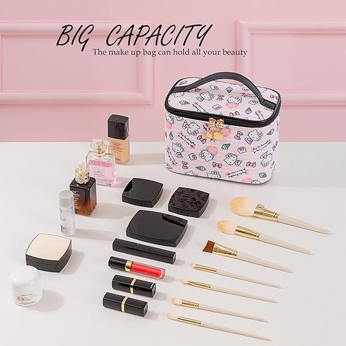 AmBealla Cosmetic Bag Large Makeup Bags Pink Travel Case with Makeup Brush Holder，2PCS Cosmetic Organizer for Women, Toiletry Storage Bag for Skincare & Beauty Tools Sweet Cute for Girls