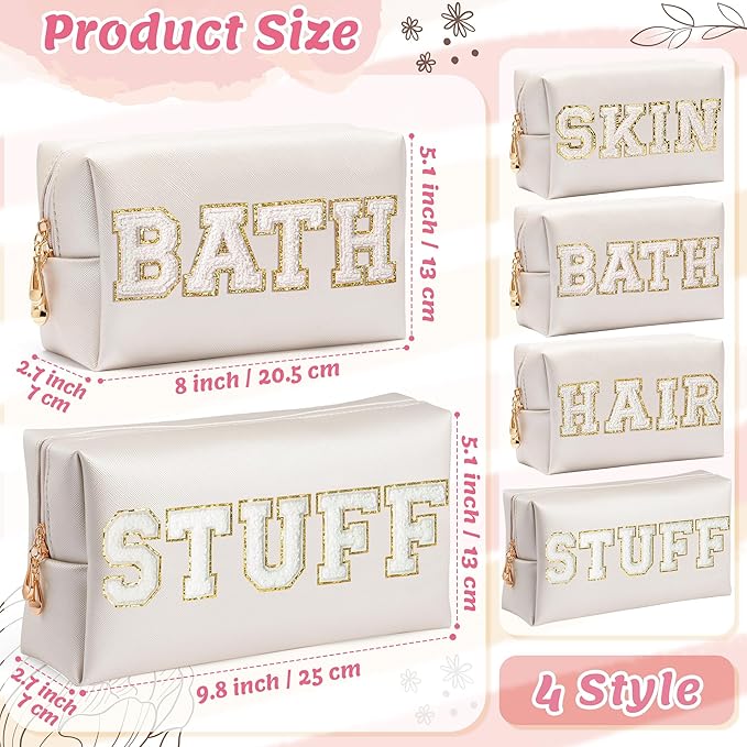 CY2SIDE STUFF Letter Makeup Bag - 4PCS White Stuff Hair Bath Skin Chenille Letter Patch Cosmetic Bag Preppy PU Leather Patch Pouch Waterproof Portable Zipper Travel Organizer Xmas Gifts for Women Girl