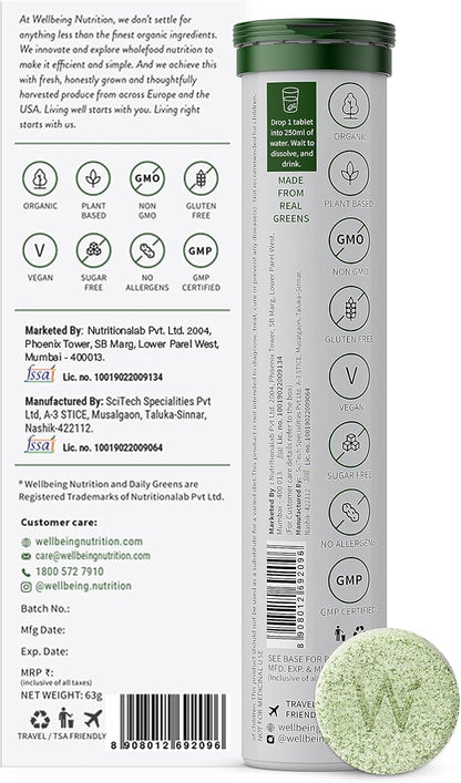 WELLBEING NUTRITION Daily Greens | Natural Lemon and Lime Flavour | 15 Tablets 63g (2.22Ounce)
