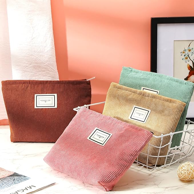 Sanwuta 4 Pack Velvet Makeup Bag Cosmetic Bag for Women Large Capacity Corduroy Pouch Zipper Canvas Travel Toiletry Purse Make up Organizer Case Accessories(Rainbow Color,Plaid)