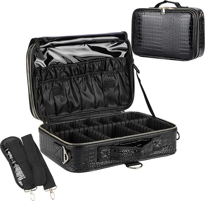 JOURMON Travel Makeup Case 3 Layers Makeup Train Case Crocodile Makeup Bag Organizer Portable Artist Storage Bag with Adjustable Dividers and Shoulder Strap