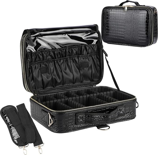 JOURMON Travel Makeup Case 3 Layers Makeup Train Case Crocodile Makeup Bag Organizer Portable Artist Storage Bag with Adjustable Dividers and Shoulder Strap