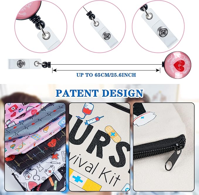 Kolewo4ever 118pcs Nurse Appreciation Gifts CNA Week Gifts 6 Nurse Badge Reel Retractable 6 Nurse Makeup Bags Cosmetic Bag 6 Nursing Headbands 100 Nurse Stickers