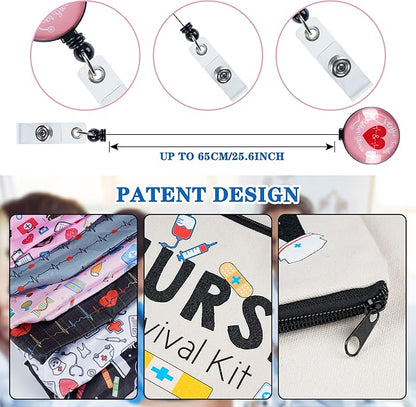 Kolewo4ever 118pcs Nurse Appreciation Gifts CNA Week Gifts 6 Nurse Badge Reel Retractable 6 Nurse Makeup Bags Cosmetic Bag 6 Nursing Headbands 100 Nurse Stickers