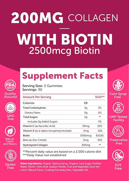 Collagen Gummies - Tastiest Proprietary Formula - 200mg Hydrolyzed Collagen Gummies for Women and Men with Biotin, Zinc, Vitamin C and E - Non-GMO Anti Aging Collagen Supplements for Women - 6 Pack