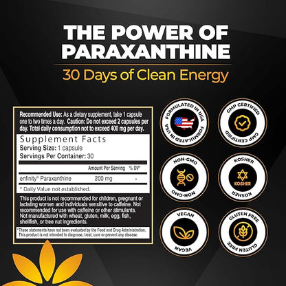 Enfinity Paraxanthine Capsules, Clean Energy & Focus, Caffeine Alternative | 200 mg per Capsule | 30 Capsules per Bottle | Formulated in USA, GMP Certified, Non-GMO, Kosher