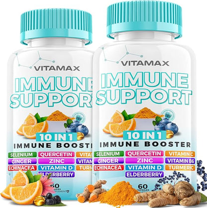 10-in-1 Immune System Support Booster with Elderberry, D3, Selenium, Quercetin, Zinc, Vitamin C, Ginger, Turmeric Curcumin, B6, Echinacea – Natural Immune Defense – Made in USA (60 Count (Pack of 2))