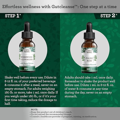 GuruNanda Gutcleanse 2-Step Kit - Dietary Supplement to Help with Digestion - Blend of Fulvic Acid, Wormwood, Clove & Neem Extract, 2x1 FlOz