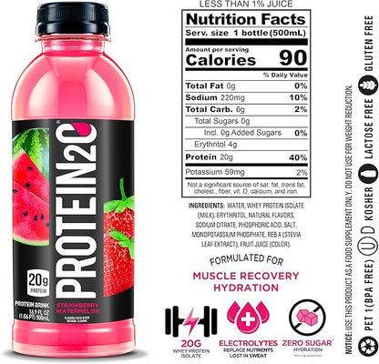 Protein2o 20g Whey Protein Isolate Infused Water Plus Electrolytes, Sugar Free Sports Drink, Ready To Drink, Gluten Free, Lactose Free, Strawberry Watermelon, 16.9 oz Bottle (12 Count)