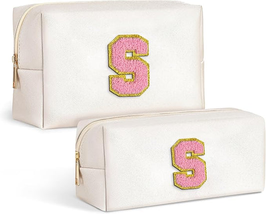 TOPEAST Cosmetic Bags for Women - 2 PCS Monogram Cute Cosmetic Bag With Zipper PU Leather Waterproof Cosmetic Bag Travel Essentials Personalized Gifts Idea For Women, White S