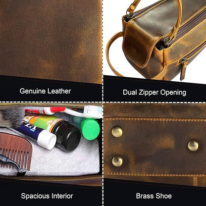 RUSTIC TOWN Buffalo Leather Toiletry Bag : Vintage Travel Shaving & Dopp Kit : for Toiletries, Cosmetics & More : Spacious Interior & Waterproof Lining : Compact, Fits Easily in Luggage