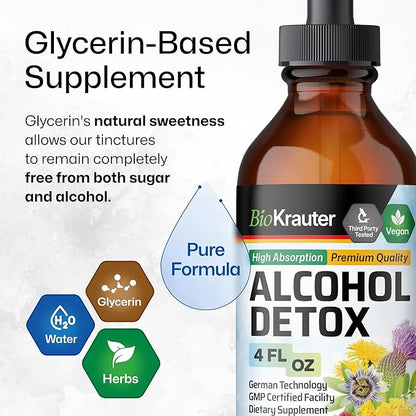 BIO KRAUTER Alcohol Detox Tincture - Liver Cleanse & Detox Formula - Milk Thistle & Dandelion - Liver Support Liquid Extract - Alcohol and Sugar Free - Vegan Liver Detox Drops 4 Fl.Oz.