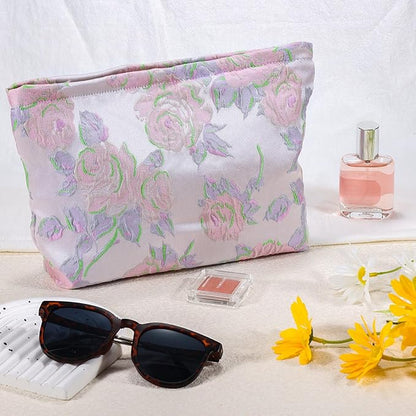 Flower Makeup Bag Travel Large Cosmetic Bag for Women Cute Rose Makeup Pouch Zipper Cosmetic Pouch for Purse Aesthetic Pink Floral Make up Organizer Bag Portable Toiletry Bag