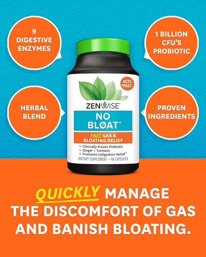 Zenwise Health NO Bloat Probiotics for Women and Men Digestive Health with Ginger, Dandelion, and Lactase, Digestive Enzymes for Gas and Bloating Relief - Vegan Water Retention Pills - 48 CT