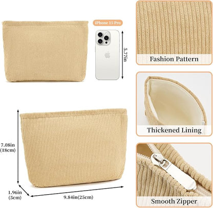 WOZEAH Corduroy Makeup Bag for Purse Small Cosmetic Pouch,Stylish Zipper Make up Pouch Travel Canvas Toiletry Bags(Corduroy Apricot)