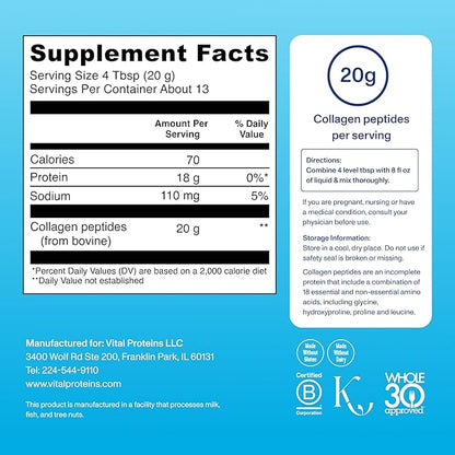 Vital Proteins Grass Fed Collagen Peptides Powder, Supports Hair, Skin, Nails, Bones, and Joints Health, Hydrolyzed Peptides - Zero Sugar, Unflavored, 9.33oz