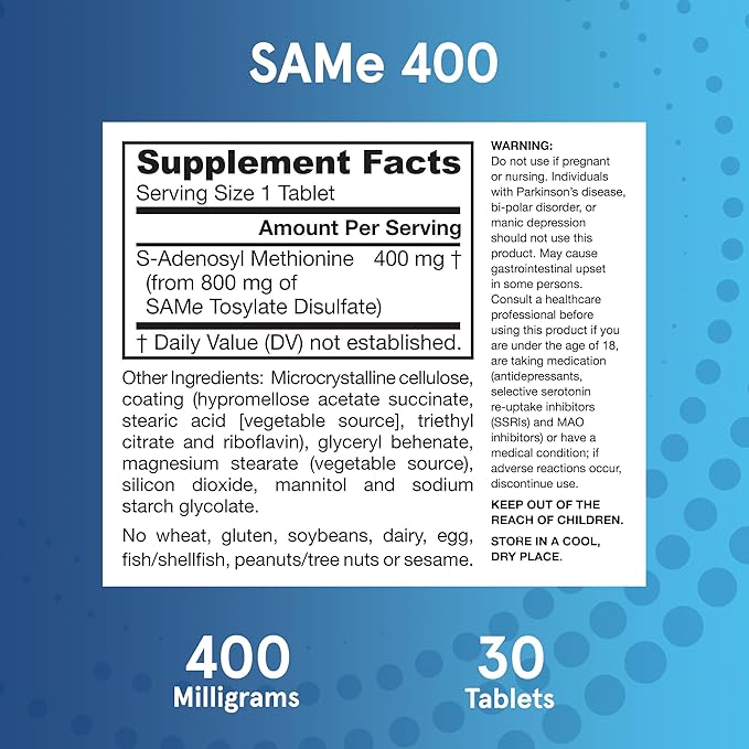 Jarrow Formulas SAMe 400 mg, Supports Joint Health, Liver Function, Brain Metabolism, 30 Tablets, Up To a 30 Day Supply