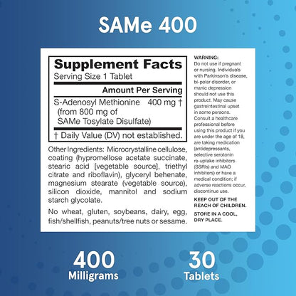 Jarrow Formulas SAMe 400 mg, Supports Joint Health, Liver Function, Brain Metabolism, 30 Tablets, Up To a 30 Day Supply