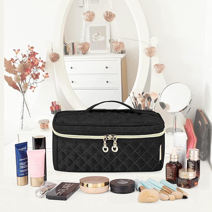Teamoy Travel Makeup Brush Case, Makeup Train Organizer Bag with Handle for Makeup Brushes(up to 9-inch) and Essentials, Medium, Black(BAG ONLY)