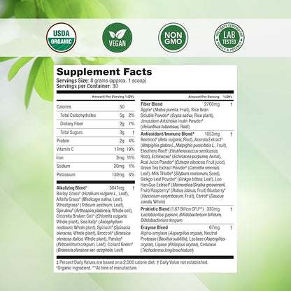 Super Greens Daily Greens Superfood Powder - Certified USDA Organic Green Powder w/20+ Whole Foods, Spirulina Powder, Wheat & Barley Grass - Probiotics, Fiber & Enzymes - Original Flavour, 60 Servings