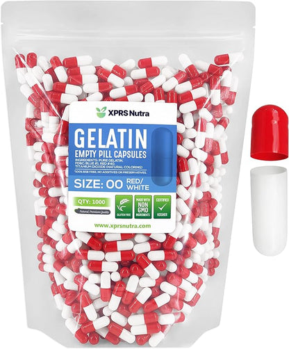 XPRS Nutra Size 00 Empty Capsules - 1000 Count Empty Gelatin Capsules - Empty Pill Capsules - DIY Capsule Filling - Fillable Pill Capsules Empty Gel Caps (Red/White)