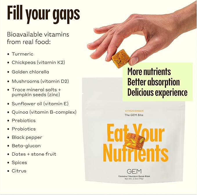 GEM Bite Daily Multivitamin for Women & Men | Citrus Ginger | Supports Gut, Skin, Brain, Bone, & Immunity | 20+ Vitamins & Minerals | 28 Serving