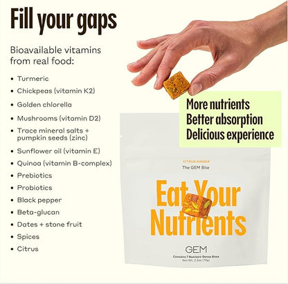 GEM Bite Daily Multivitamin for Women & Men | Citrus Ginger | Supports Gut, Skin, Brain, Bone, & Immunity | 20+ Vitamins & Minerals | 28 Serving
