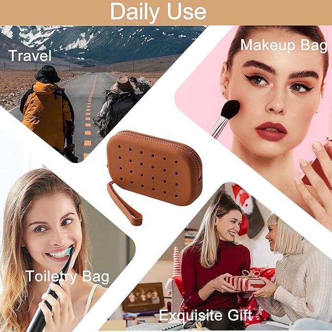 Portable Silicone Makeup Bag for Women, Small Travel Toiletry Cosmetic Bag with Decorative Holes, Zipper Closure Organizer Makeup Case with Handle (Brown)