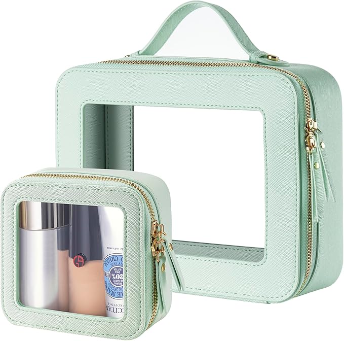 Keains Clear Makeup Bag Set，Cosmetic Organizer Case Transparent Waterproof Travel Toiletry Bag with Zipper，Portable Make Up Organizer Traveling Compact Car Bag for Essentials（Mint Green）