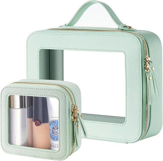 Keains Clear Makeup Bag Set，Cosmetic Organizer Case Transparent Waterproof Travel Toiletry Bag with Zipper，Portable Make Up Organizer Traveling Compact Car Bag for Essentials（Mint Green）