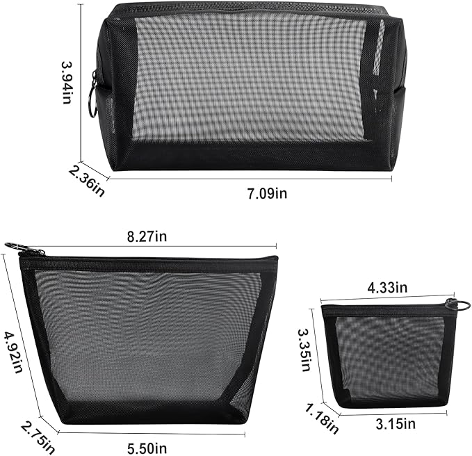 Aosbos 3-Pack Mesh Cosmetic Bag Set - Travel/On-The-Go Makeup Storage, Zipper Closure Small Pouch