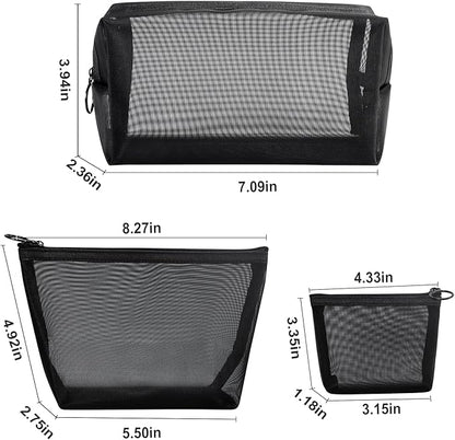 Aosbos 3-Pack Mesh Cosmetic Bag Set - Travel/On-The-Go Makeup Storage, Zipper Closure Small Pouch