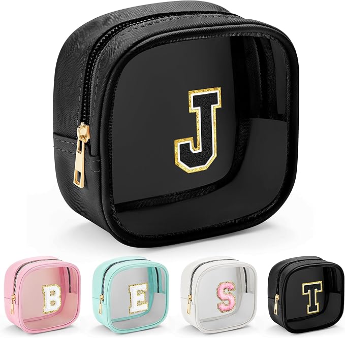 YOOLIFE Mini Clear Makeup Bag Initial Waterproof Travel Toiletry Bag, Clear Makeup Bag Travel Essentials Gifts for Women Girlfriend Teacher Appreciation Gifts Clear Travel Bag Nurse Pack Black J