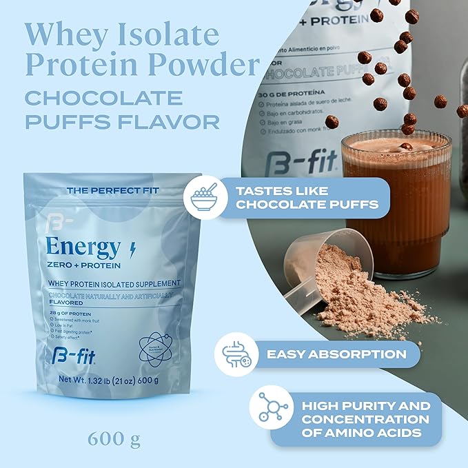Whey Zero Protein 600 gr - Chocolate Puffs Flavor - High Purity and Concentration Amino Acids - Easy Absorption - Low in Fat and Carbohydrates -17 Servings