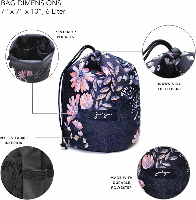 Jadyn Durable Cinch Top Makeup Organizer - Compact Travel Makeup Bag - 7 Interior Pockets for Cosmetics - Drawstring Toiletry Travel Bag for Women - 6L Storage Capacity - (Black Floral)