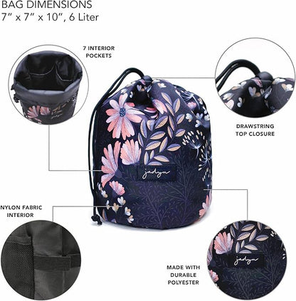 Jadyn Durable Cinch Top Makeup Organizer - Compact Travel Makeup Bag - 7 Interior Pockets for Cosmetics - Drawstring Toiletry Travel Bag for Women - 6L Storage Capacity - (Black Floral)