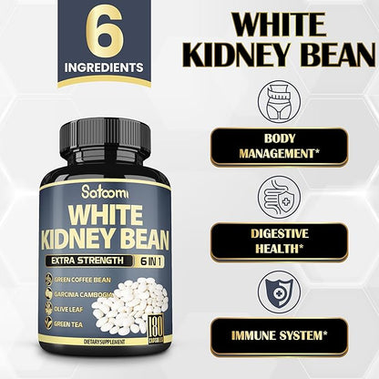 Satoomi 6in1 White Kidney Bean Extract Capsules - 6 Month Supply - Extra Blend with Olive Leaf, Green Coffee Bean & Green Tea - 180 Counts
