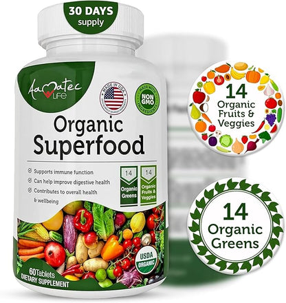 Organic Superfood Greens Fruits and Veggies Complex - Best Dietary Supplement with 14 Greens and 14 Fruits & Vegetables with Alfalfa Rich in Antioxidants Organic Ingredients Non-GMO 240 Tablets
