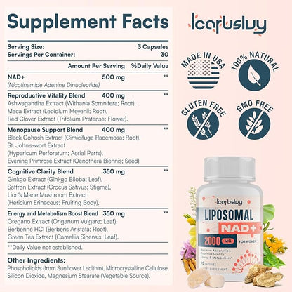 2000MG Liposomal NAD+ for Women, NAD+ Supplement, with Ashwagandha, Maca, Black Cohosh & Ginkgo Biloba, Max Absorption, NAD Plus - Menopause, Cognitive Clarity, Energy, Aging Defense, 90 Capsules