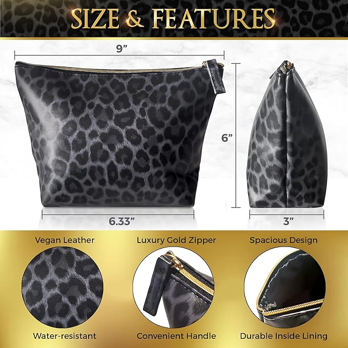Vegan Leather Black Leopard Print Makeup Bag for Purse Make Up Bag - Cute Travel Accessories Small Cosmetic Zipper Pouch - Girly Girl Stuff Black Cheetah Print Gifts for Women Girls Aesthetic Things