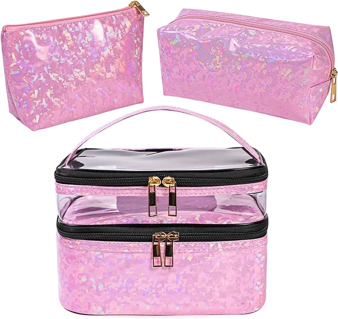 FITINI 3 Pieces Makeup Bags Double Layer Travel Large Holographic Cosmetic Cases Organizer Toiletry Bags Waterproof Small Zipper Pouch for Women Makeup Brush Storage Bag,Light Pink