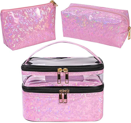 FITINI 3 Pieces Makeup Bags Double Layer Travel Large Holographic Cosmetic Cases Organizer Toiletry Bags Waterproof Small Zipper Pouch for Women Makeup Brush Storage Bag,Light Pink