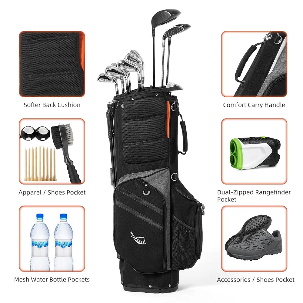 Golf Stand Bag 14 Way Top Dividers Full-Length with Stand, 7 Pockets, Lightweight Golf Bag for Men, Dual Strap, Rain Hood, Portable Golf Club Bag for Men Women